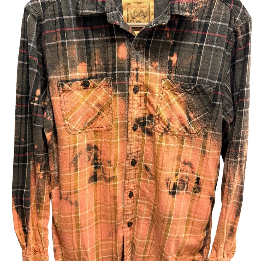 Red Camel Black Plaid Reverse Dyed Button Down Shirt